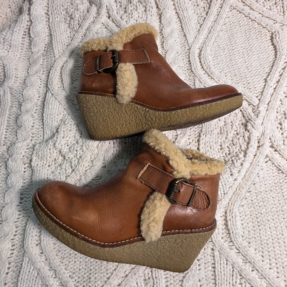 Sam Edelman Wedge Ankle Boots Brown Leather Shearling Trim‎ Women 6